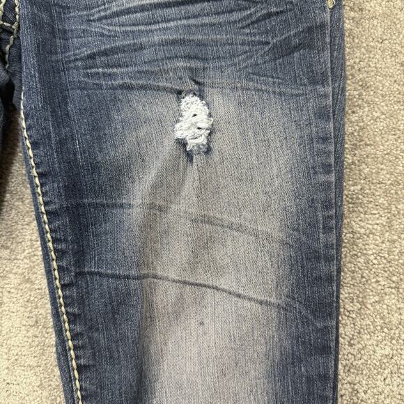 Almost Famous Womens 5 Rhinestone Flap Pocket Distressed Skinny Jeans Blue Denim - Picture 3 of 13